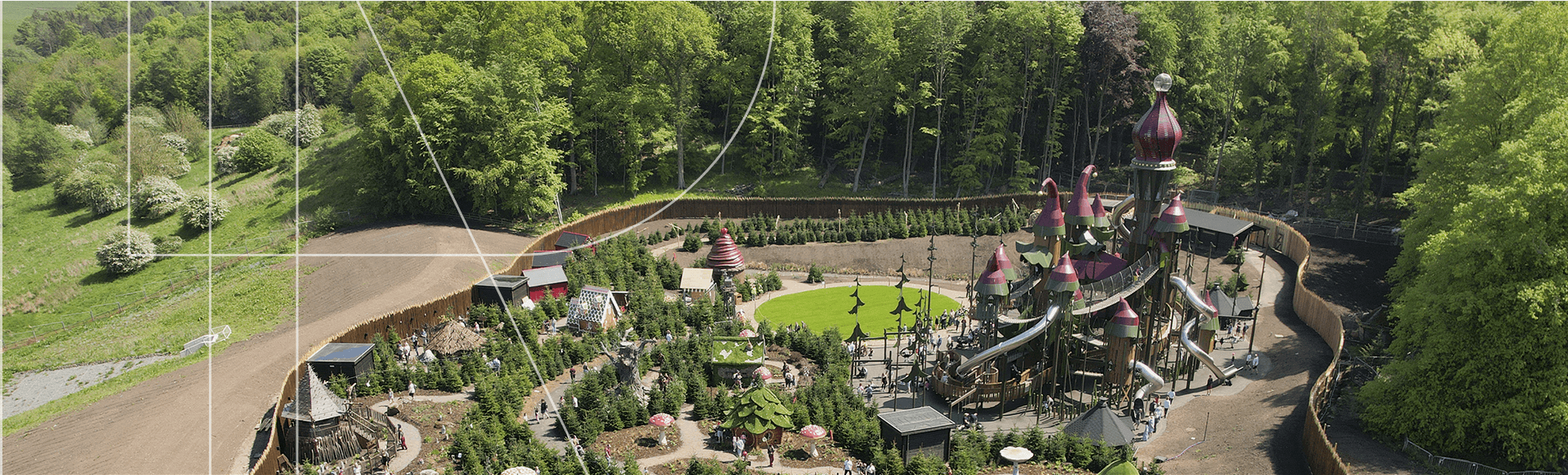Aerial view of lush landscaped garden